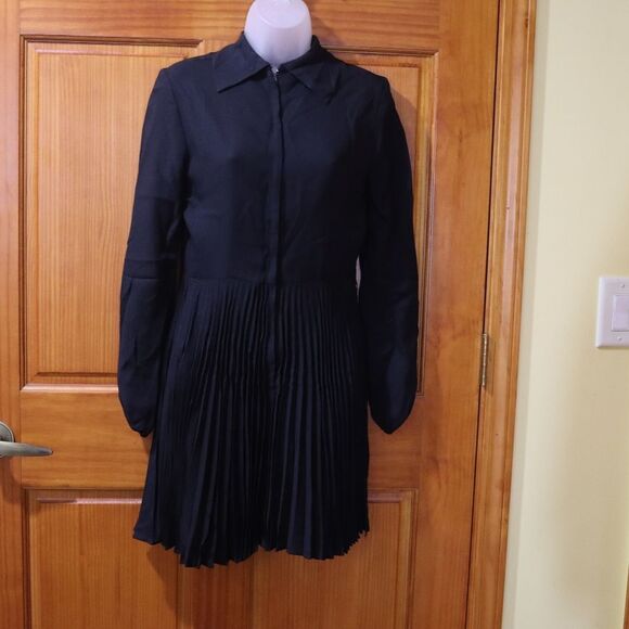 Vintage Black Pleated Mini Shirtdress Zipper Front 60s 70s Chic Academic - Picture 2 of 13
